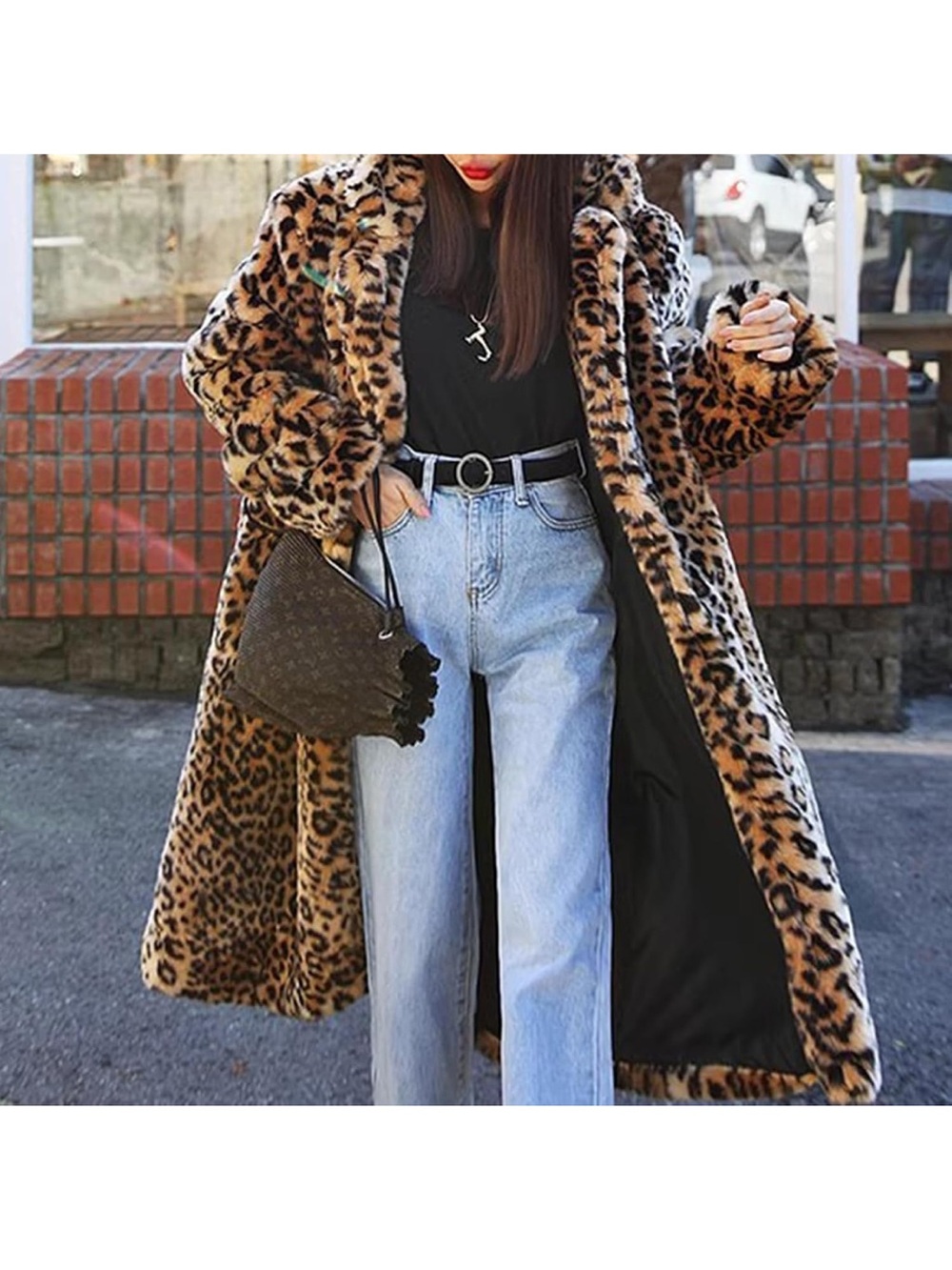 Leopard Print Faux Fur Coat - Women's Animal Print Jacket - Picture 2 of 7